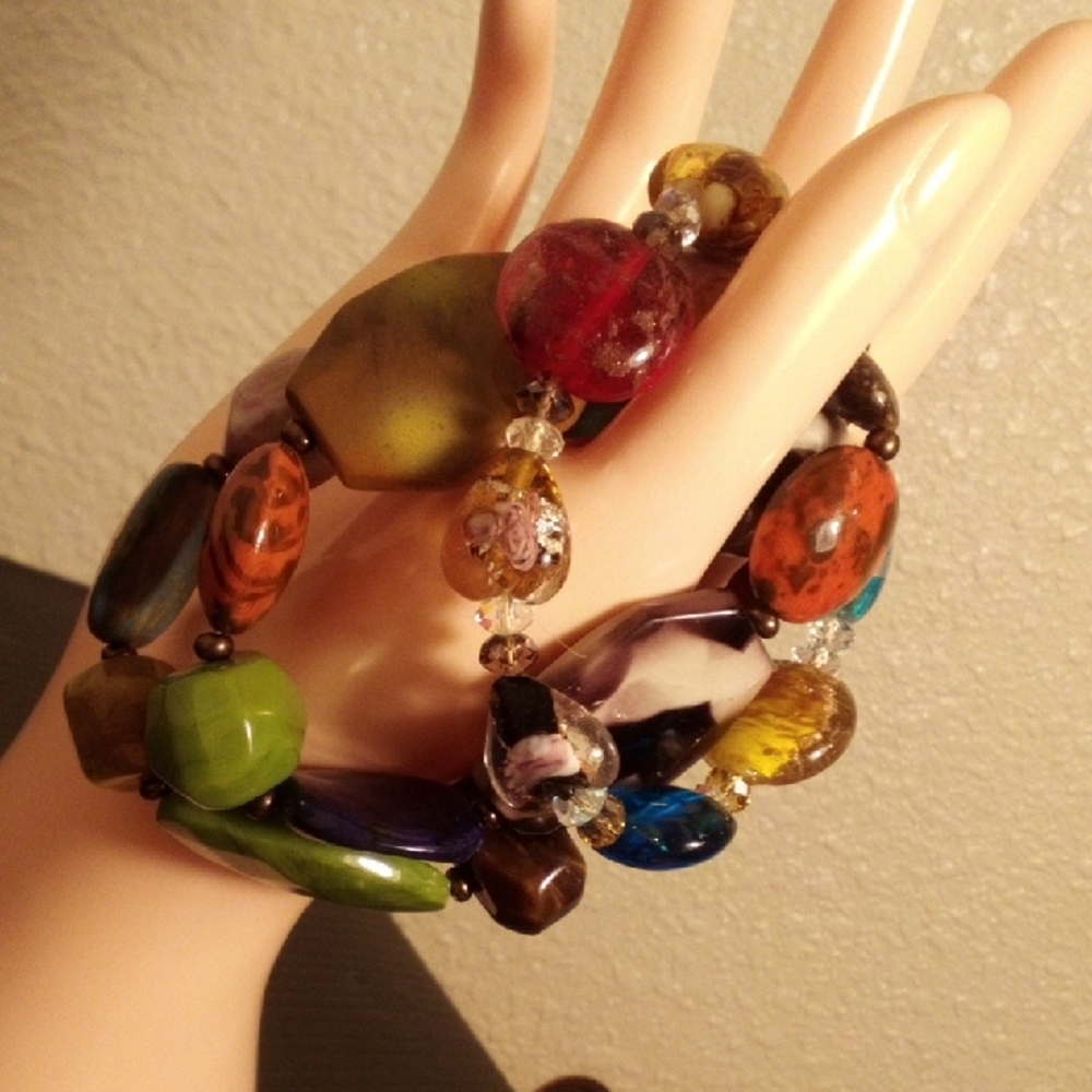 Multicolor Beaded Stretch Bracelet Set - Vibrant Mixed Stone Look - Picture 4 of 5